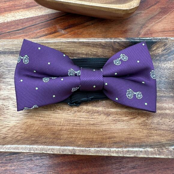 NEW Handmade Bow Tie Purple Silver Bicycles Adjustable Stretch Elastic Gift Prom - Picture 1 of 2